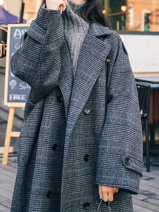 Sixsr Plaid Button Front Pea Coat, Casual Lapel Long Sleeve Fall & Winter Outerwear, Women's Clothing