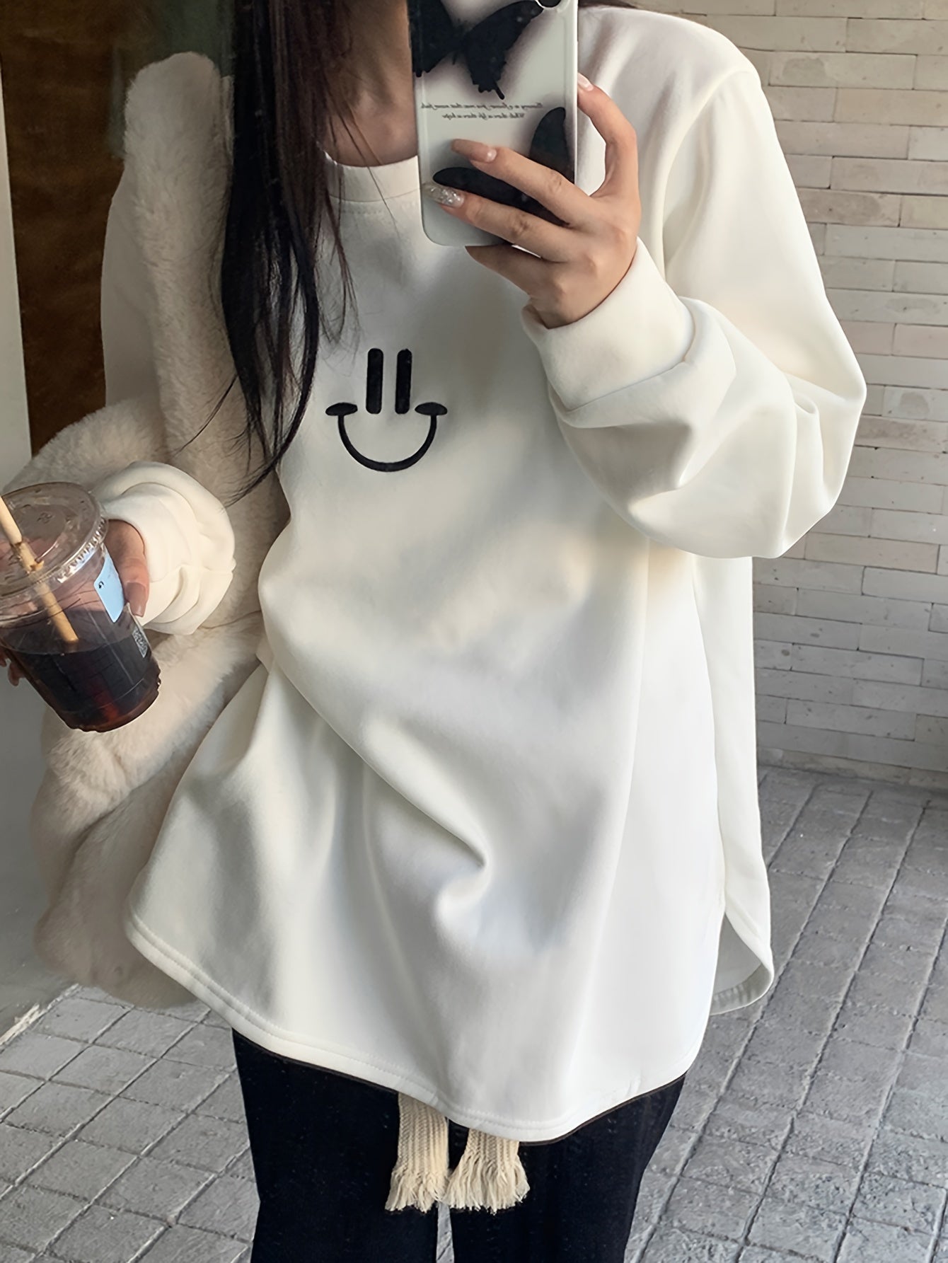 Sixsr Smile Face & Letter Print Pullover Sweatshirt, Casual Long Sleeve Crew Neck Sweatshirt For Fall & Winter, Women's Clothing