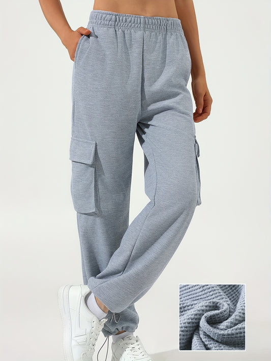 Sixsr Waffle Casual Sports Elastic Waist Sweatpants, Multi-pocket High Waist Solid Color Joggers Pants, Women's Athleisure