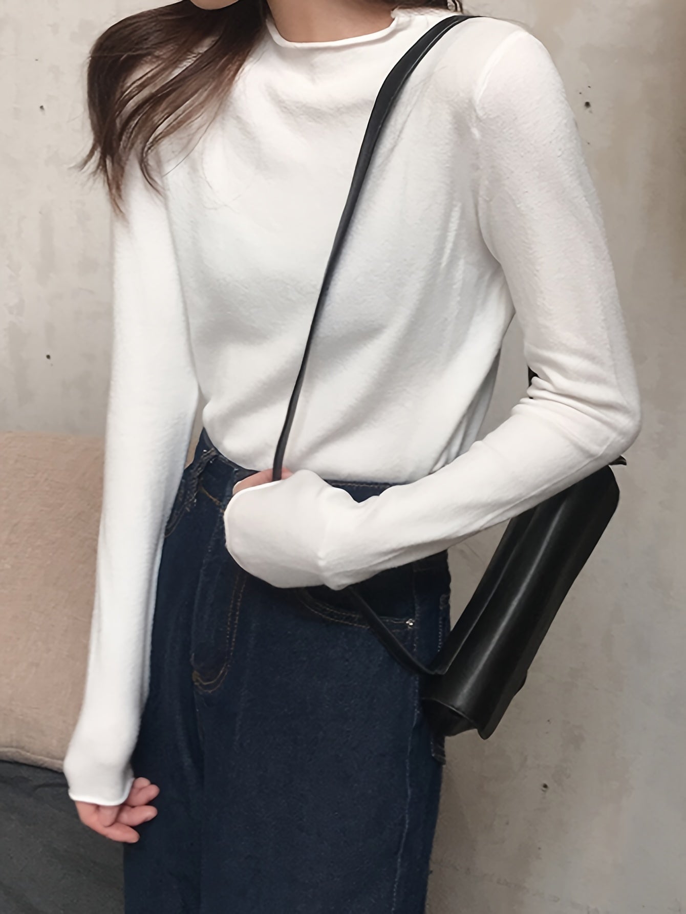 Sixsr Solid Mock Neck Knitted Top, Casual Long Sleeve Inner Wear Top, Women's Clothing