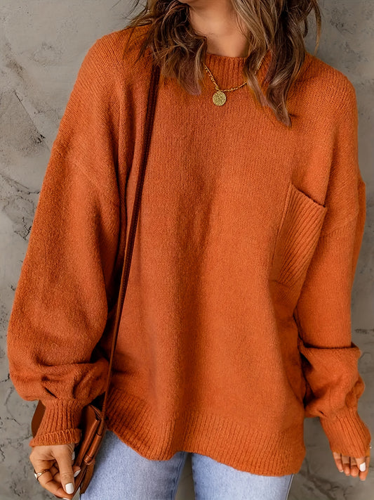 Sixsr Plus Size Casual Sweater, Women's Plus Solid Lantern Sleeve Round Neck Medium Stretch Jumper