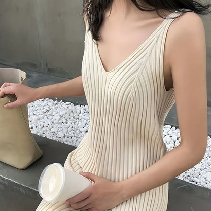 Sixsr Ribbed Solid Dress, Casual V Neck Sleeveless Summer Dress, Women's Clothing