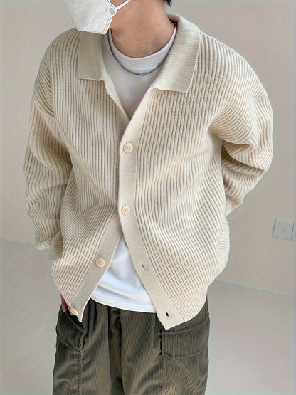 Sixsr Men's Stylish Solid Loose Knitted Cardigan, Casual Medium Stretch Breathable Long Sleeve Button Up Top For City Walk Street Hanging Outdoor Activities