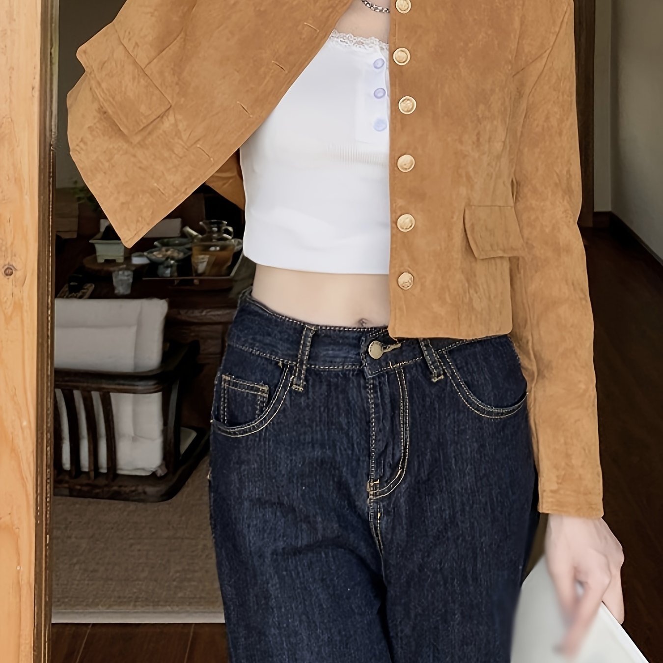 Sixsr Solid Color Button Front Jacket, Chic Long Sleeve Cardigan, Women's Clothing