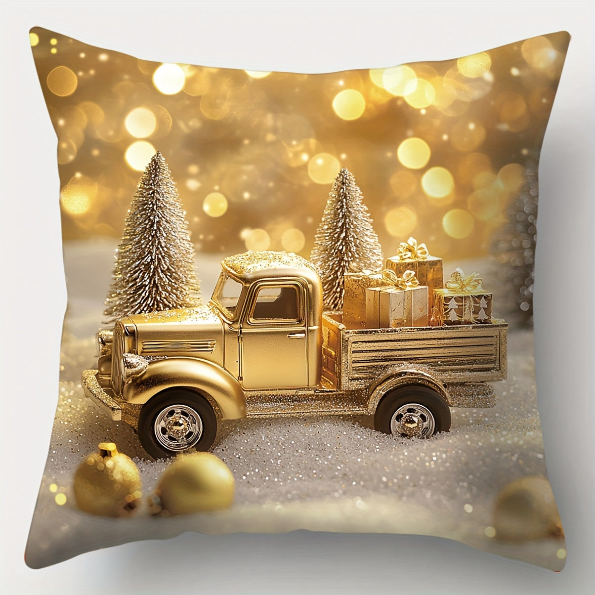 Set of 4 Christmas Throw Pillow Covers, Contemporary Style Hand Wash Zippered Polyester Cushion Cases, 17.72 Inch Square Decorative Pillowcases with Snowman, Reindeer, Christmas Tree, and Truck Designs for Living Room Sofa Decor