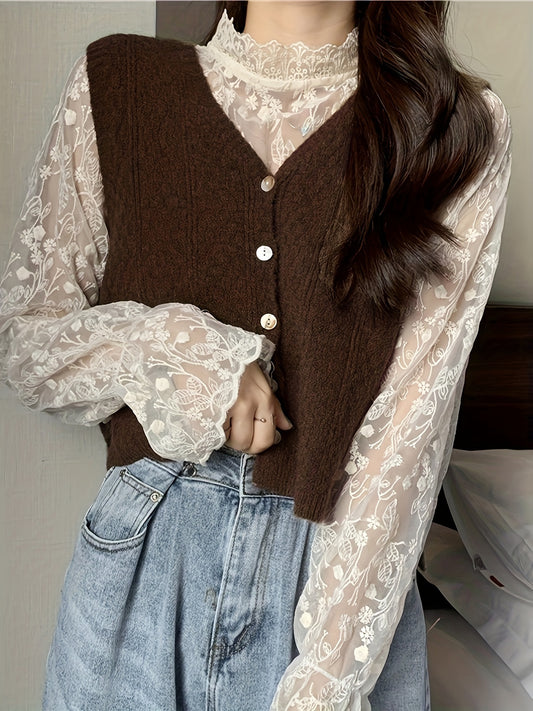 Sixsr Solid Button Down Knit Vest, Casual V Neck Sleeveless Sweater Vest, Women's Clothing