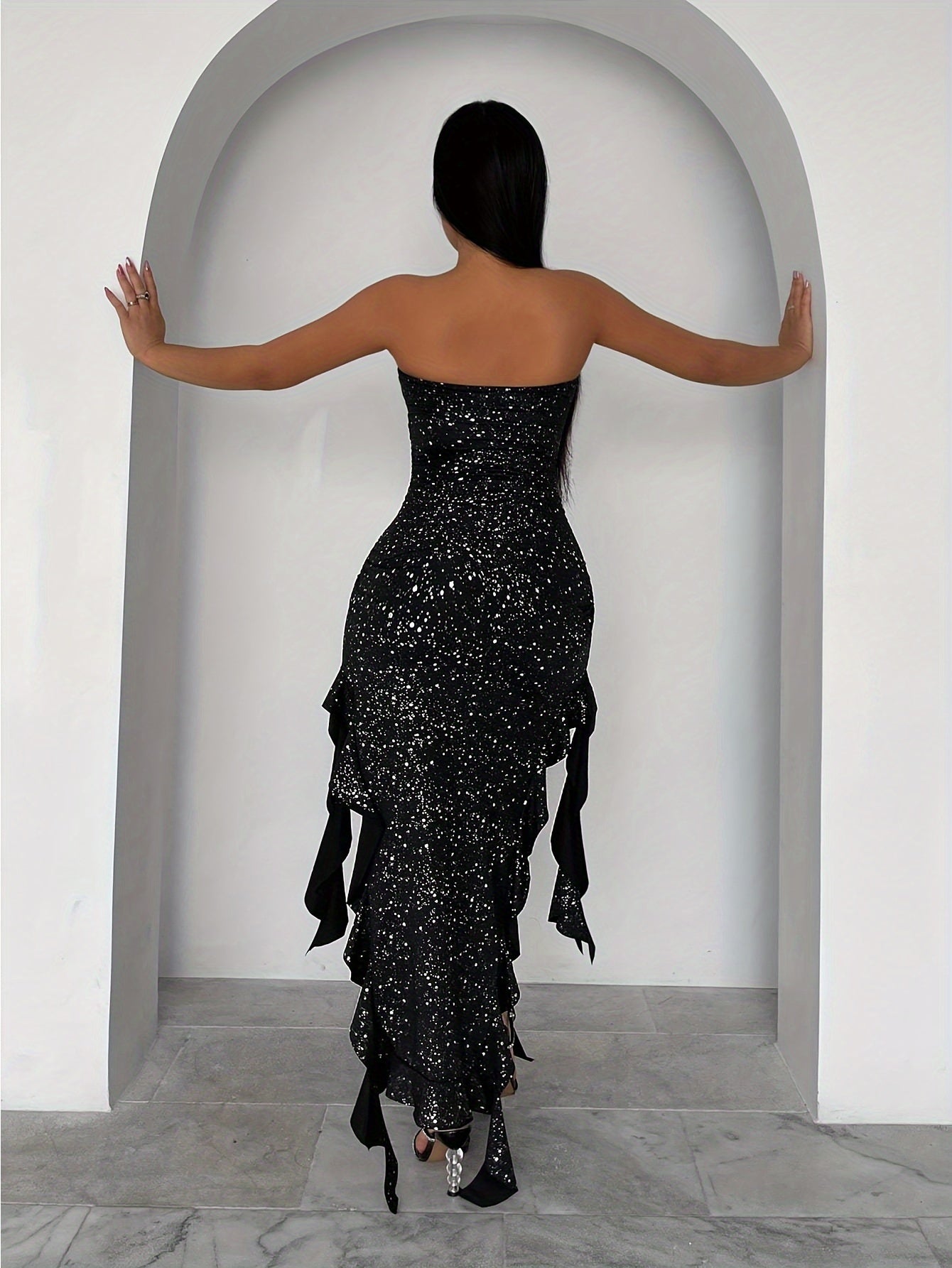 Sixsr Ruffle Trim Split Thigh Dress, Elegant Off Shoulder Bodycon Party Dress, Women's Clothing