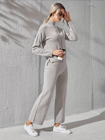 Women's two-piece Solid Casual Set - Stand Collar Long Sleeve Top & Wide Leg Pants Outfit for Comfortable & Stylish Look