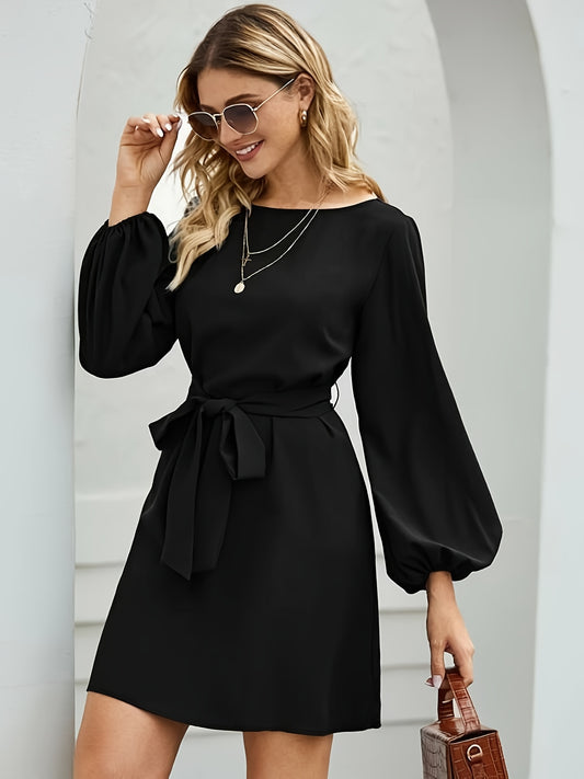 Sixsr Solid Belted Long Sleeve Dress, Casual Every Day Dress For Fall & Spring, Women's Clothing