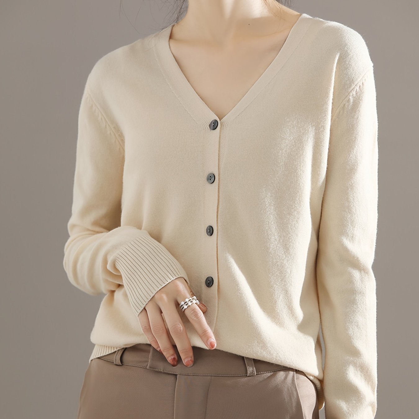 Sixsr Elegant V-neck Solid Cardigan, Long Sleeve Cardigan For Spring & Fall, Women's Clothing