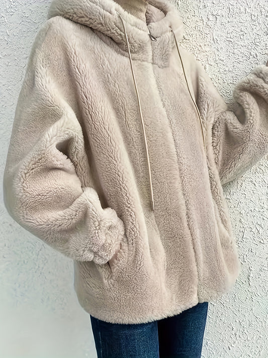 Sixsr Fuzzy Drawstring Hooded Coat, Casual Solid Long Sleeve Outerwear, Women's Clothing
