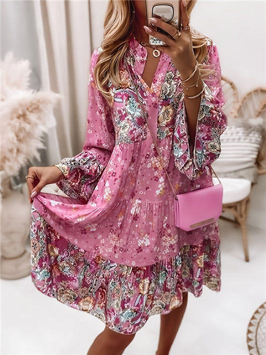 Sixsr Floral Print Ruffle Hem Dress, Boho Holiday Long Sleeve V-neck Dress, Women's Clothing