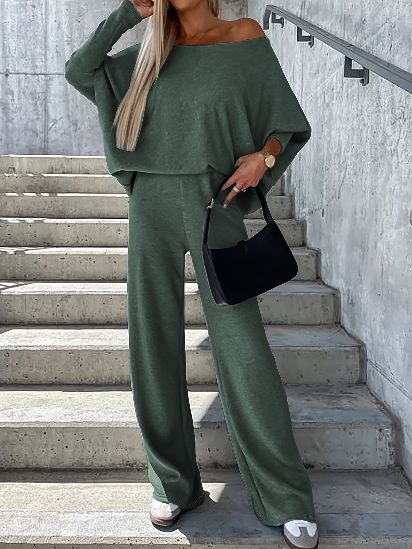 Sixsr Casual Solid Two-piece Set, One-shoulder Loose Top & Wide Leg Pants Outfits, Women's Clothing