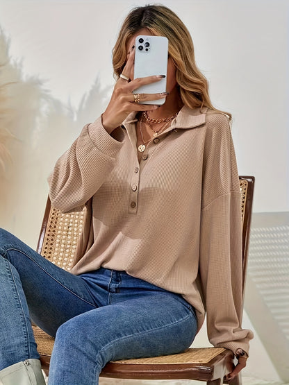 Sixsr Solid Button Front Collared T-Shirt, Casual Long Sleeve Top For Spring & Fall, Women's Clothing