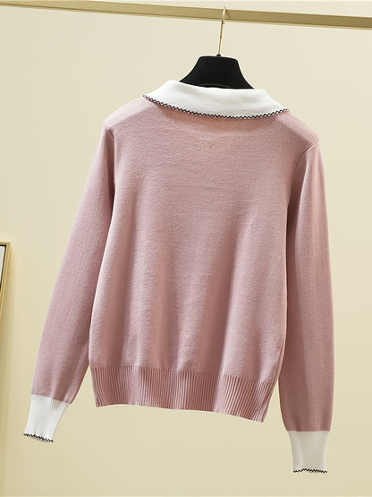 Sixsr Long Sleeve Shirt Collar Sweater, Spring & Fall Elegant Casual Warm Sweater, Women's Clothing