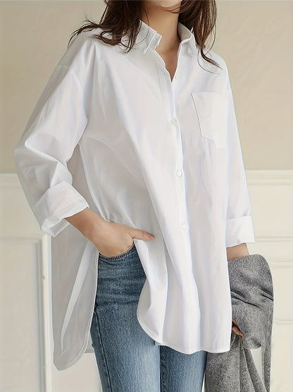 Sixsr Solid Button Front Curved Hem Shirt, Casual Long Sleeve Shirt For Spring & Fall, Women's Clothing