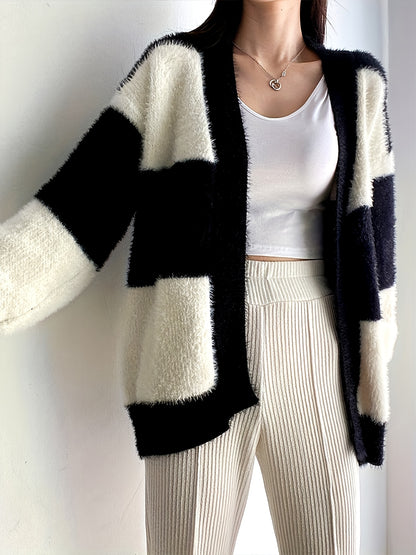 Sixsr Loose Color Block Cardigan, Casual Long Sleeve Cardigan For Fall & Winter, Women's Clothing