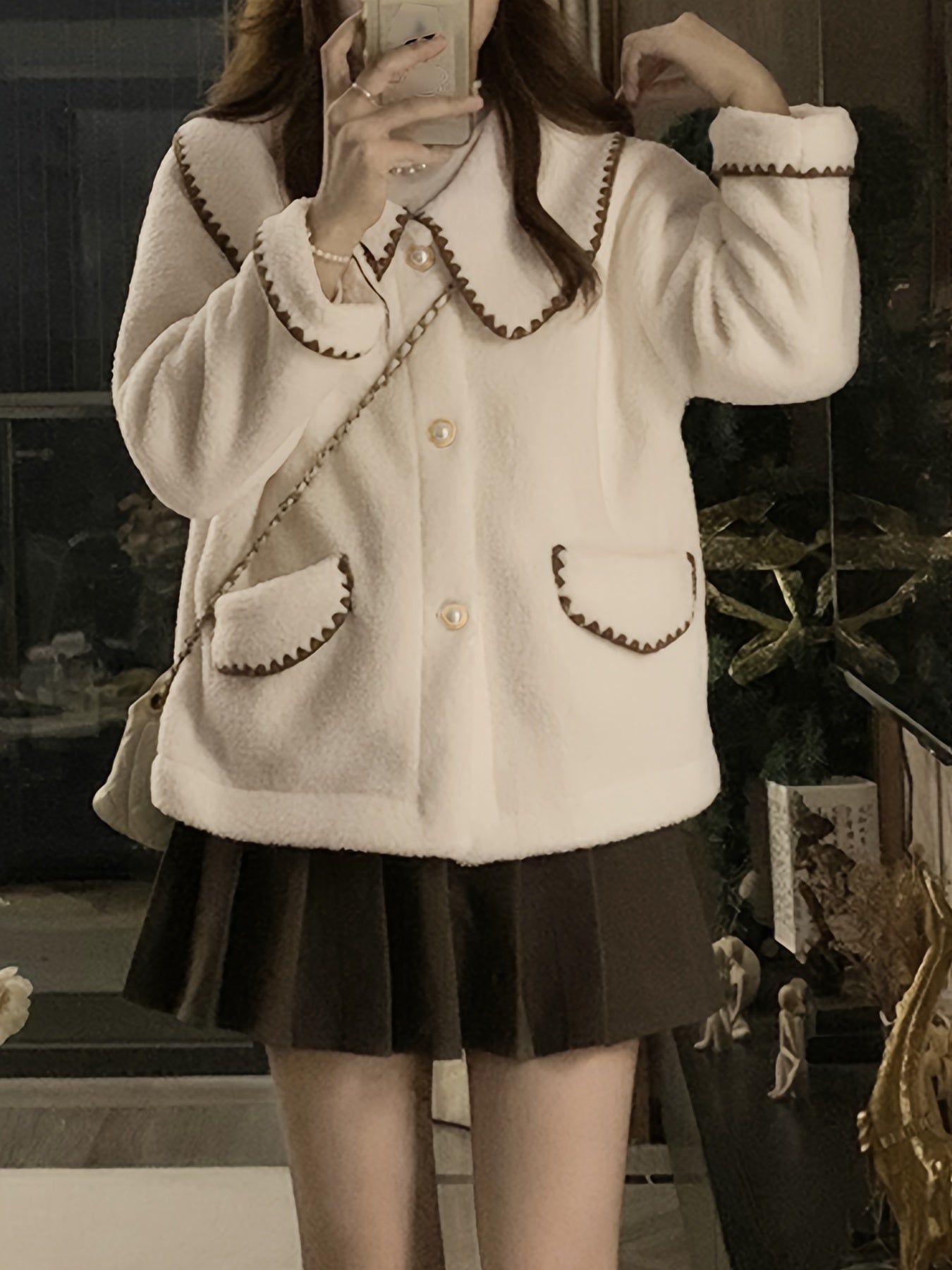 Sixsr Contrast Trim Button Front Plush Coat, Casual Long Sleeve Dual Pockets Lapel Coat For Fall & Winter, Women's Clothing