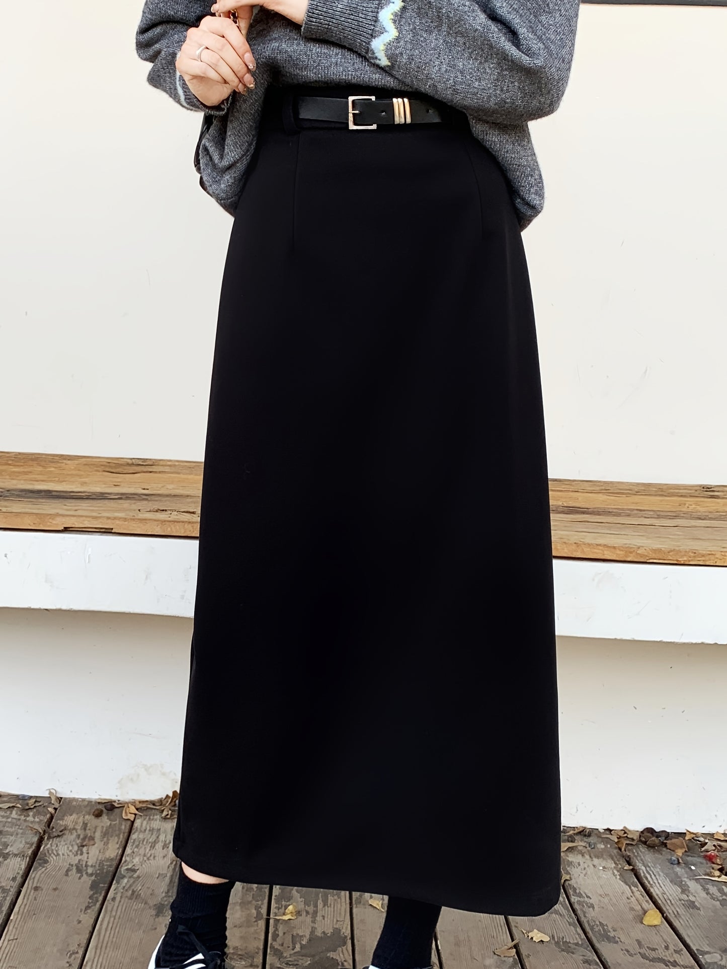 Sixsr Solid High Waist Slim Skirt, Casual Split Back A Line Maxi Skirt, Women's Clothing