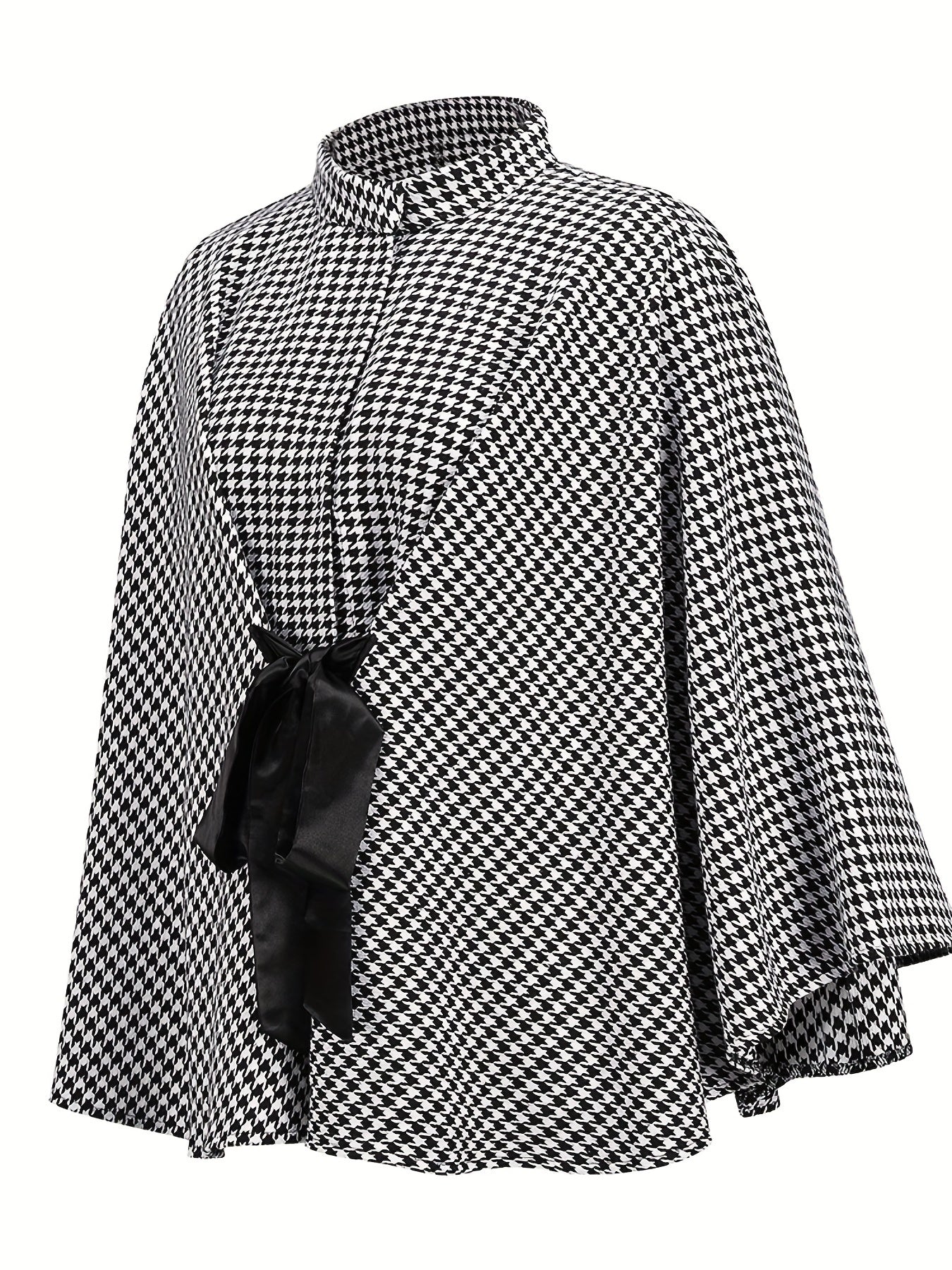 Sixsr Houndstooth Print Cape Top, Casual Tie Front Loose Outerwear, Women's Clothing