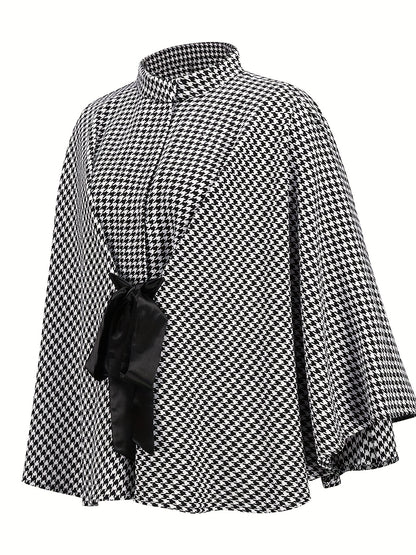 Sixsr Houndstooth Print Cape Top, Casual Tie Front Loose Outerwear, Women's Clothing