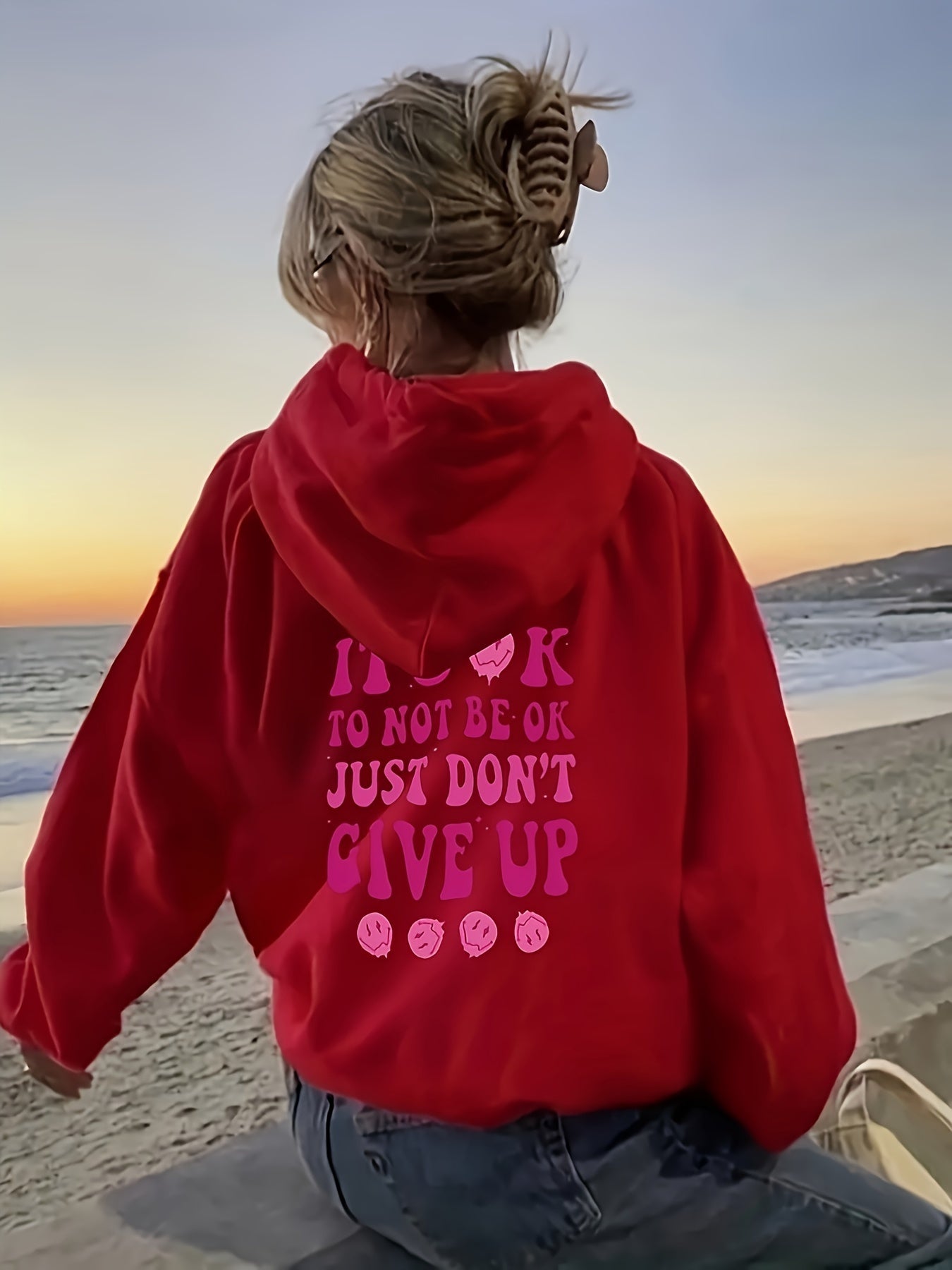 Sixsr Plus Size Casual Sweatshirt, Women's Plus Slogan & Face Print Long Sleeve Drawstring Hooded Sweatshirt With Pockets