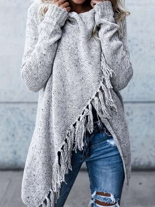 Sixsr Plus Size Casual Sweater, Women's Plus Solid Tassel Trim Long Sleeve Cowl Neck High Stretch Jumper