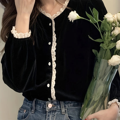 Sixsr Lace Stitching V-neck Velvet Blouse, Vintage Long Sleeve Button Front Blouse For Spring & Fall, Women's Clothing