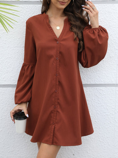 Sixsr Lantern Sleeveless Shirt Dress, Casual V Neck Button Front Dress, Women's Clothing