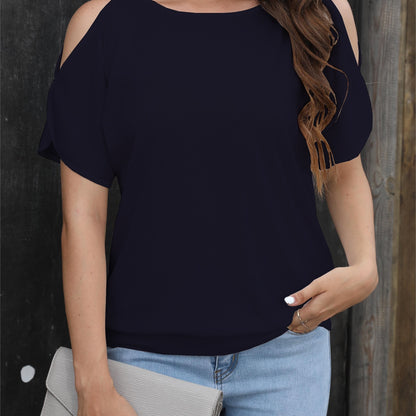 Cold Shoulder Crew Neck T-Shirt, Casual Short Sleeve T-Shirt For Spring & Summer, Women's Clothing