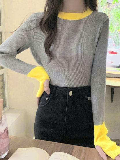Sixsr Color Block Crew Neck Knitted Top, Casual Long Sleeve Slim Sweater, Women's Clothing
