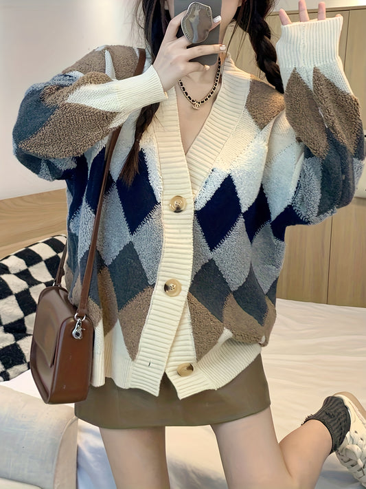 Sixsr Plaid Button Down Knit Cardigan, Casual Long Sleeve Thick Sweater Coat, Women's Clothing
