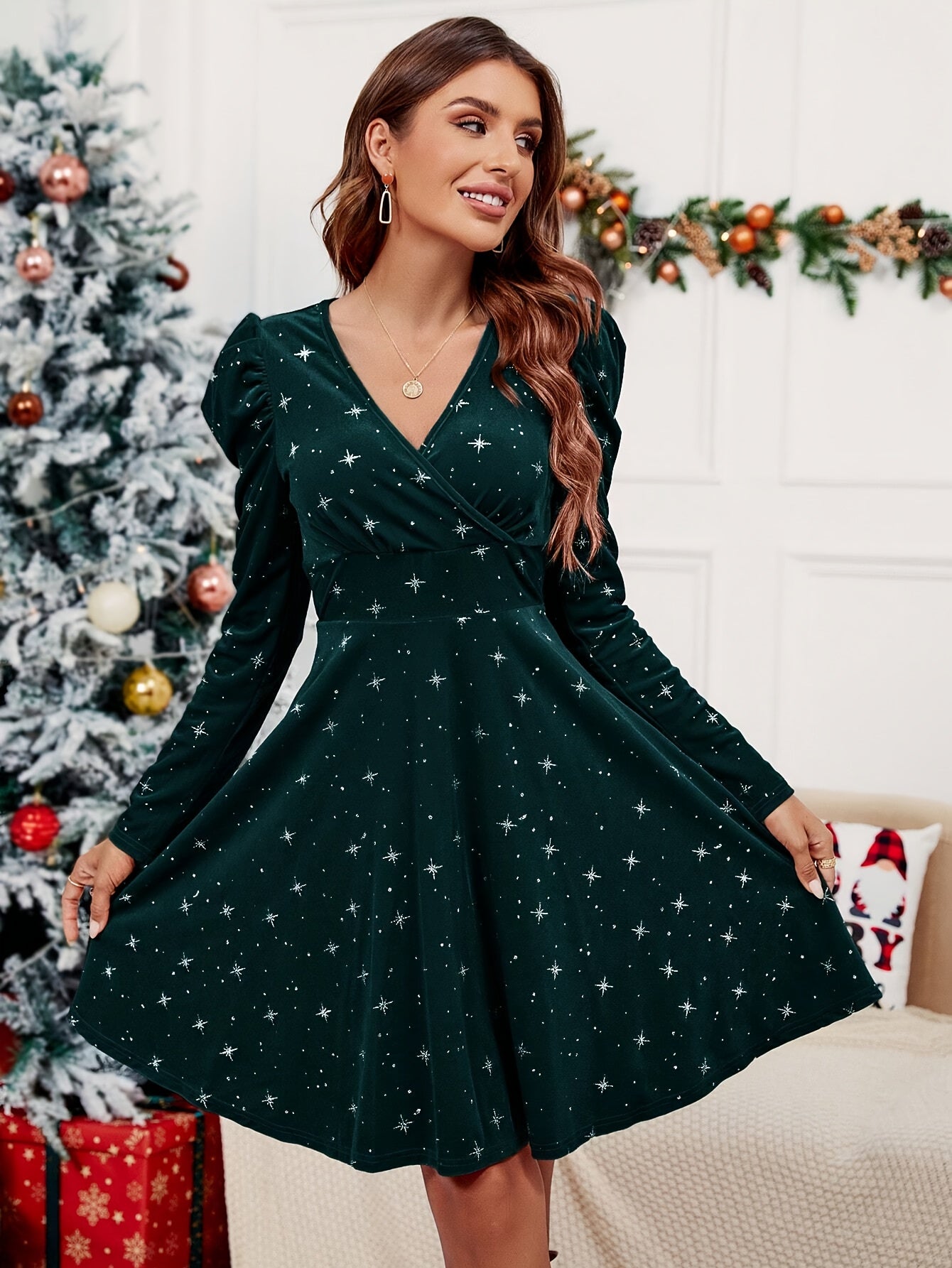 Elegant V-Neck Christmas Star Pattern Dress for Women, Polyester Knit Fabric, Long Puff Sleeve Cross Detail A-Line Skater Dress for Fall/Winter