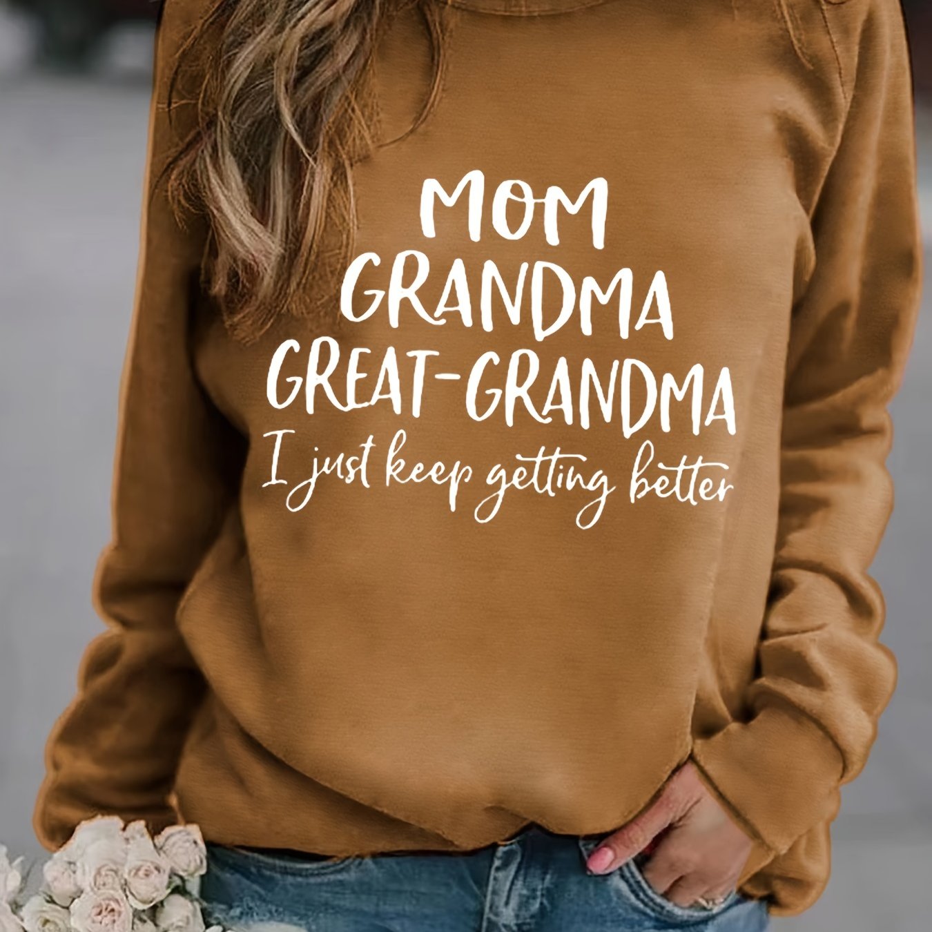 Sixsr Grandma Letter Print Solid Pullover, Long Sleeve Crew Neck Casual Sweatshirt, Women's Clothing