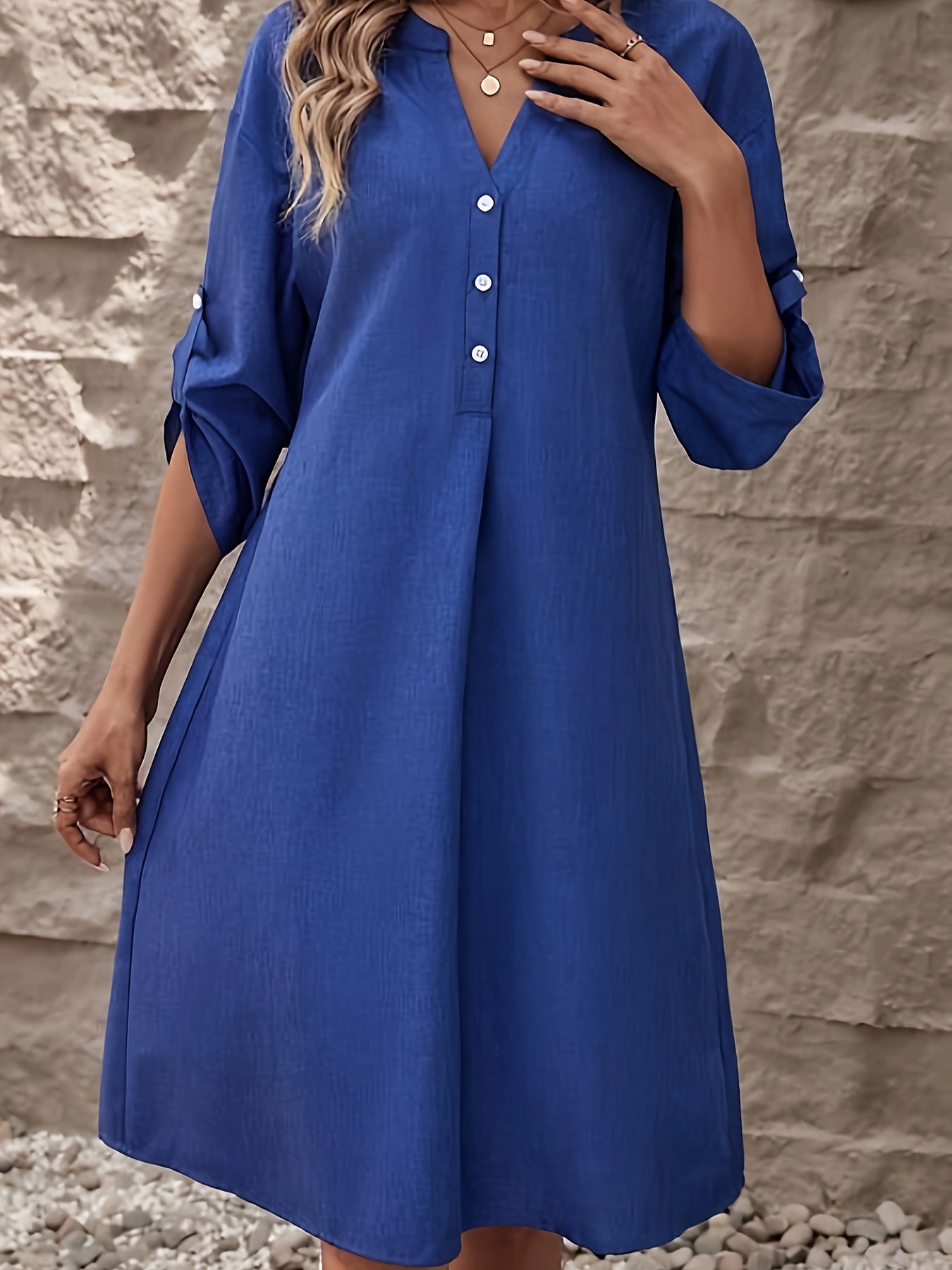 Sixsr Solid Button Front Dress, Casual Notched Neck Dress For Spring, Women's Clothing