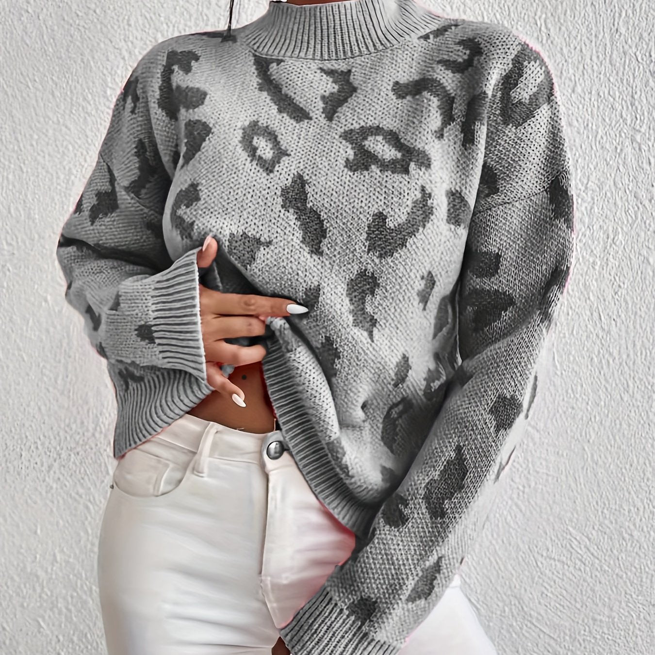 Sixsr Leopard Pattern Mock Neck Sweater, Casual Long Sleeve Sweater For Fall & Winter, Women's Clothing