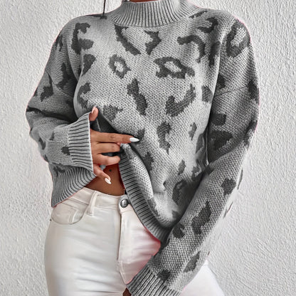 Sixsr Leopard Pattern Mock Neck Sweater, Casual Long Sleeve Sweater For Fall & Winter, Women's Clothing