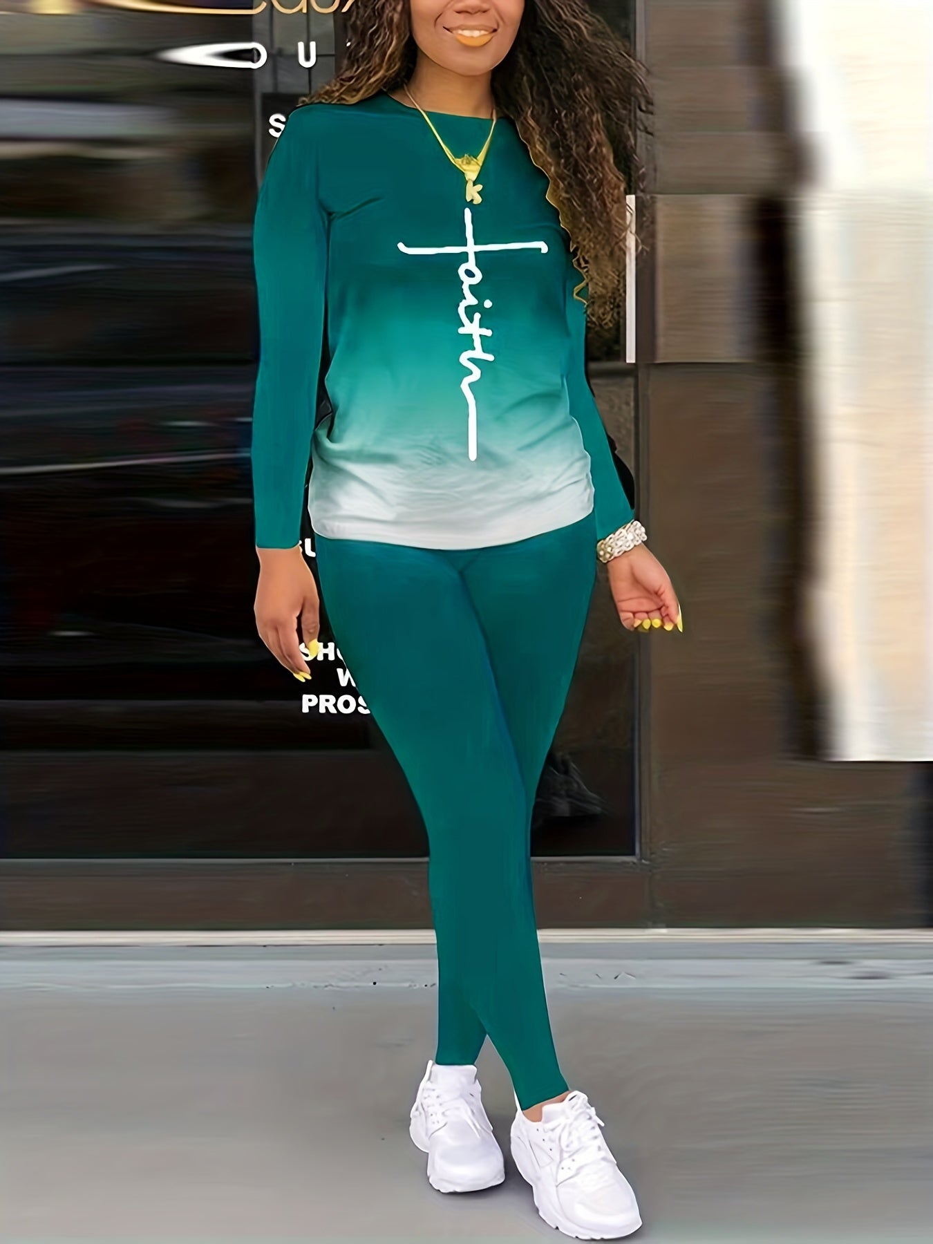 2pcs Women's Gradient Long Sleeve T-Shirt and Skinny Pants Set - Stylish and Comfortable