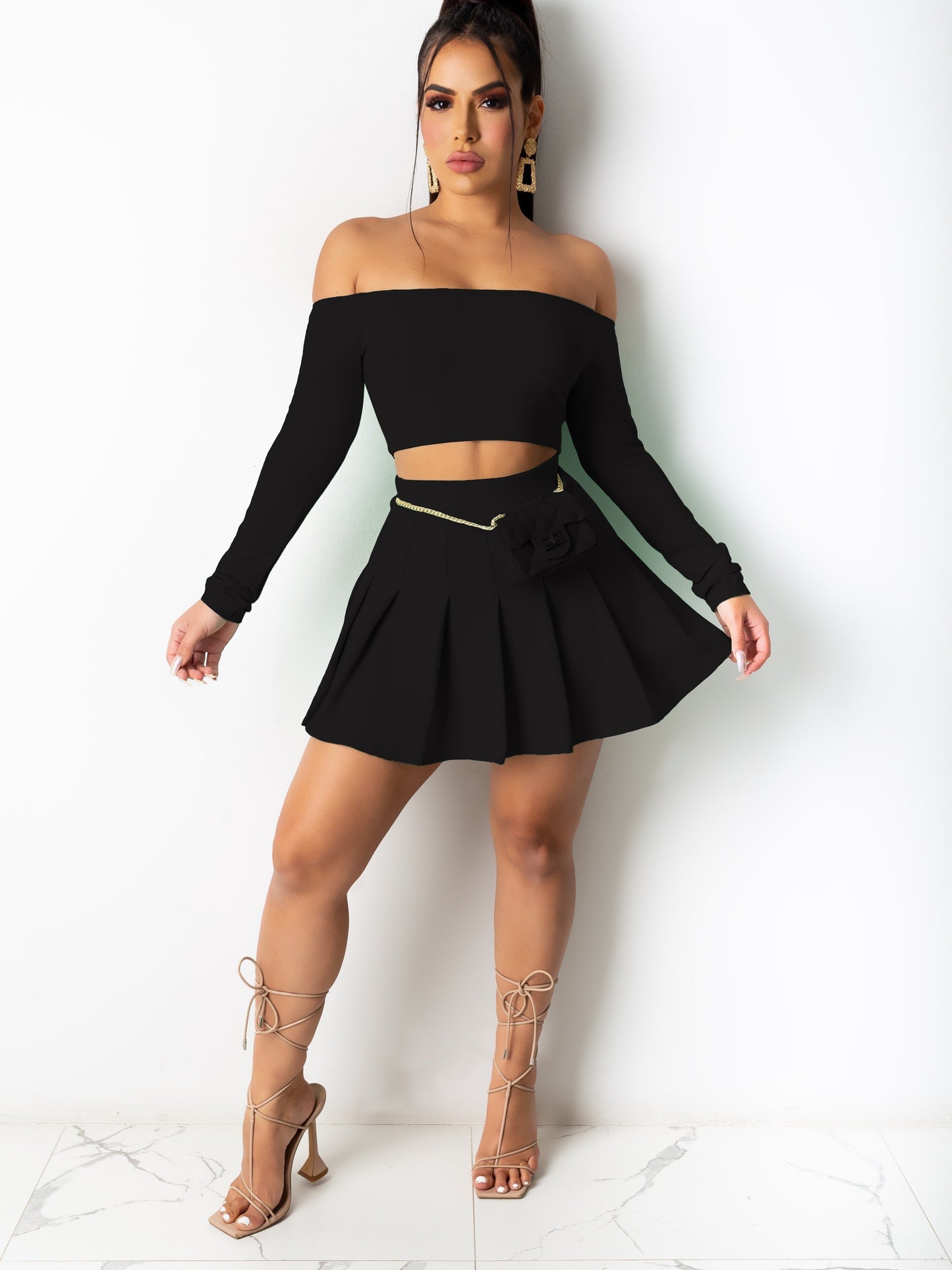 Sixsr  Solid Elegant Two-piece Set, Off Shoulder Long Sleeve Crop Top & Pleated Mini Skirt Outfits, Women's Clothing