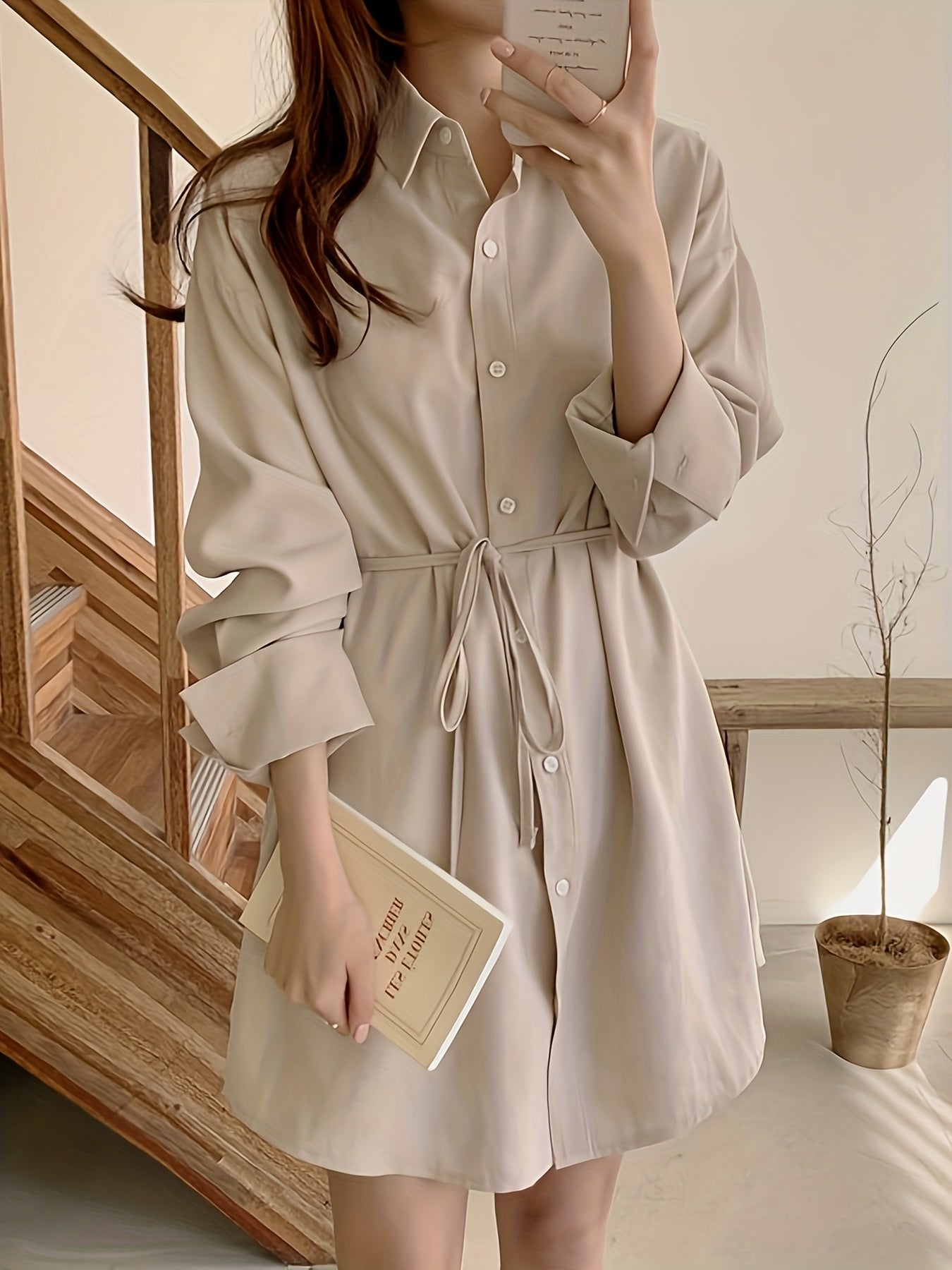 Sixsr Single Breasted Tie Waist Dress, Elegant Solid Long Sleeve Shirt Dress For Spring & Fall, Women's Clothing