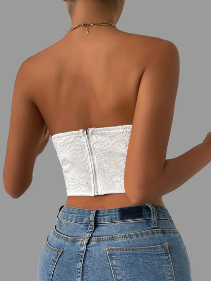 Sixsr Floral Pattern Solid Tube Top, Casual Off Shoulder Hanky Hem Tube Top, Women's Clothing