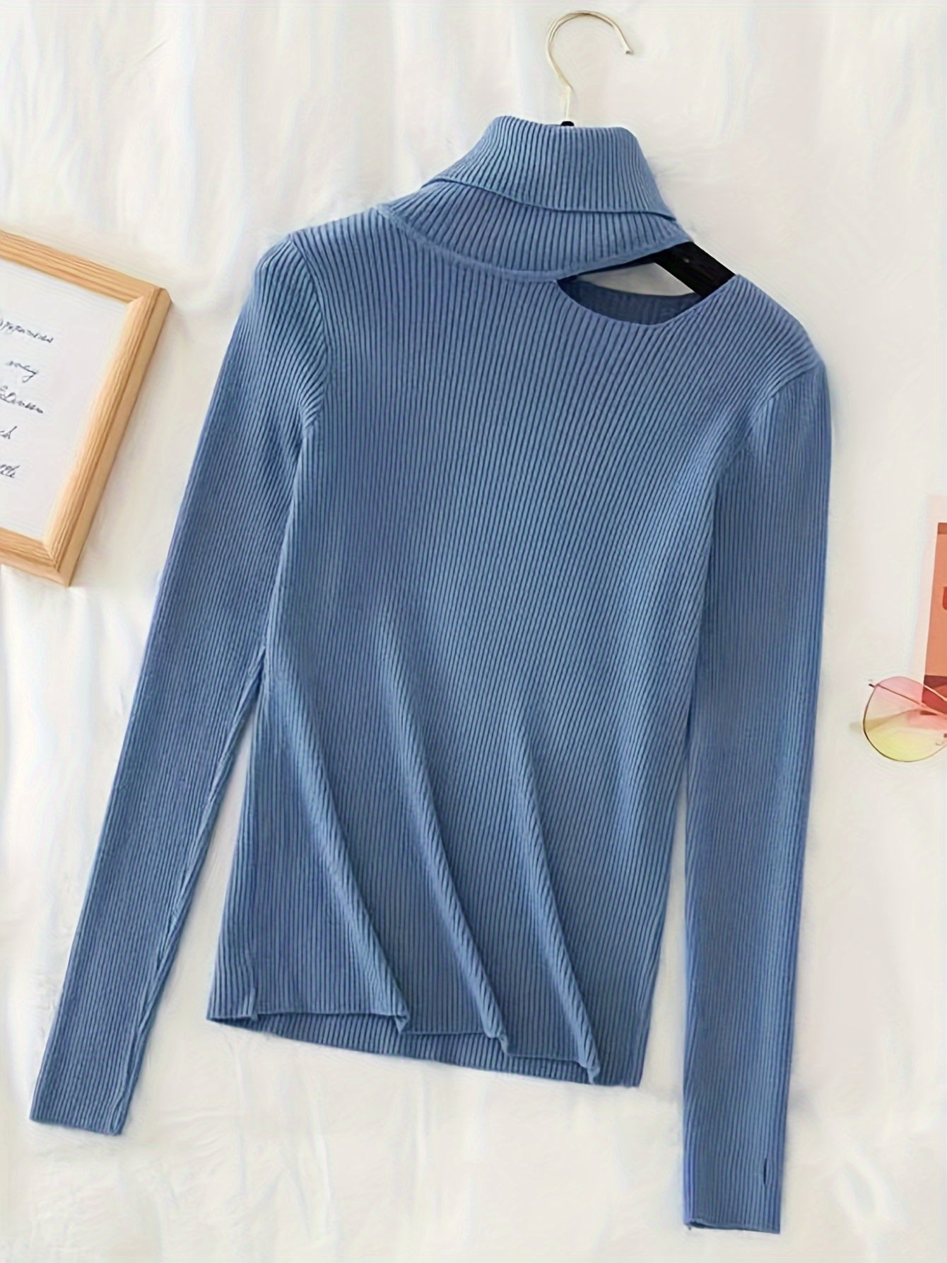 Sixsr Solid Turtle Neck Rib Knit Top 5 Pack, Elegant Cut Out Long Sleeve Slim Sweater, Women's Clothing