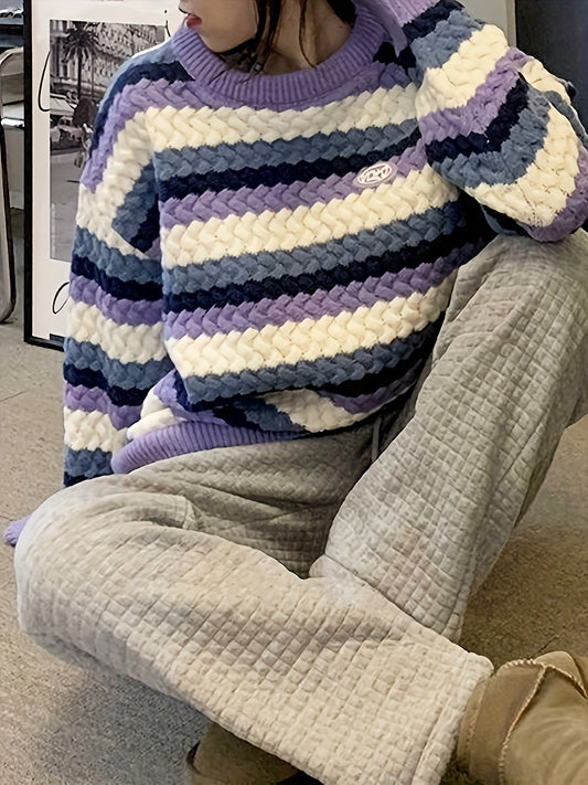 Sixsr Striped Print Color Block Knit Sweater, Casual Crew Neck Long Sleeve Sweater, Women's Clothing