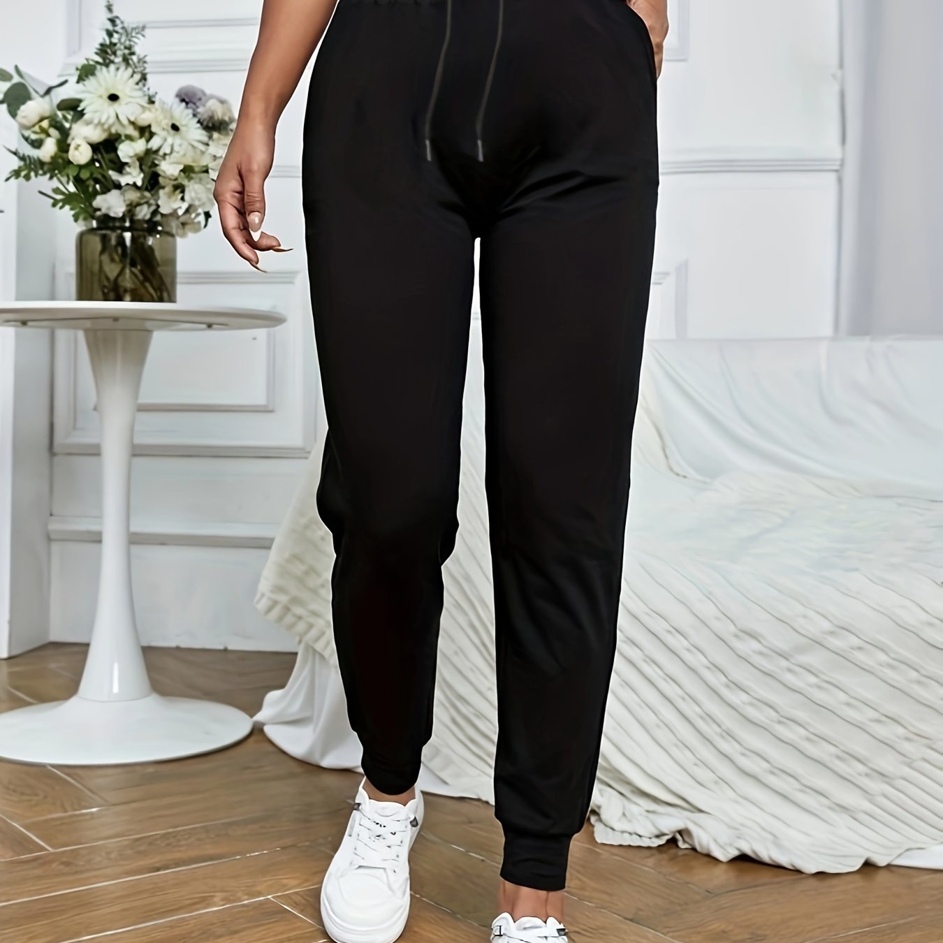 Solid Drawstring Fitted Bottom Joggers, Casual Sporty Pants For Spring & Fall, Women's Clothing