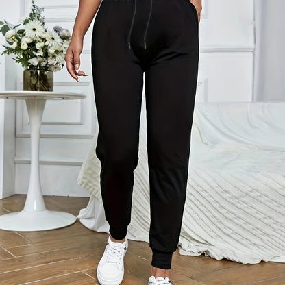 Solid Drawstring Fitted Bottom Joggers, Casual Sporty Pants For Spring & Fall, Women's Clothing