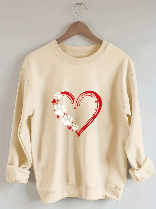 Sixsr Plus Size Casual Sweatshirt, Women's Plus Paw Heart Print Long Sleeve Round Neck Slight Stretch Sweatshirt