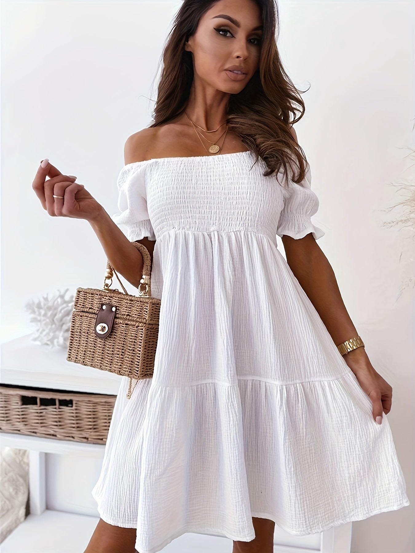 Off Shoulder Smocked Dress, Loose Vacation Casual Dress For Summer & Spring, Women's Clothing