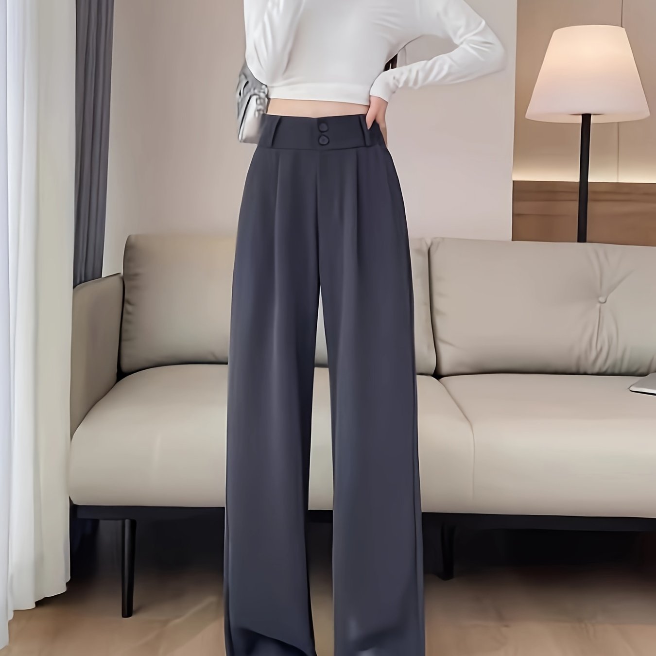 Sixsr Solid Color Straight Leg Pants, Casual High Waist Loose Pants For Spring & Fall, Women's Clothing