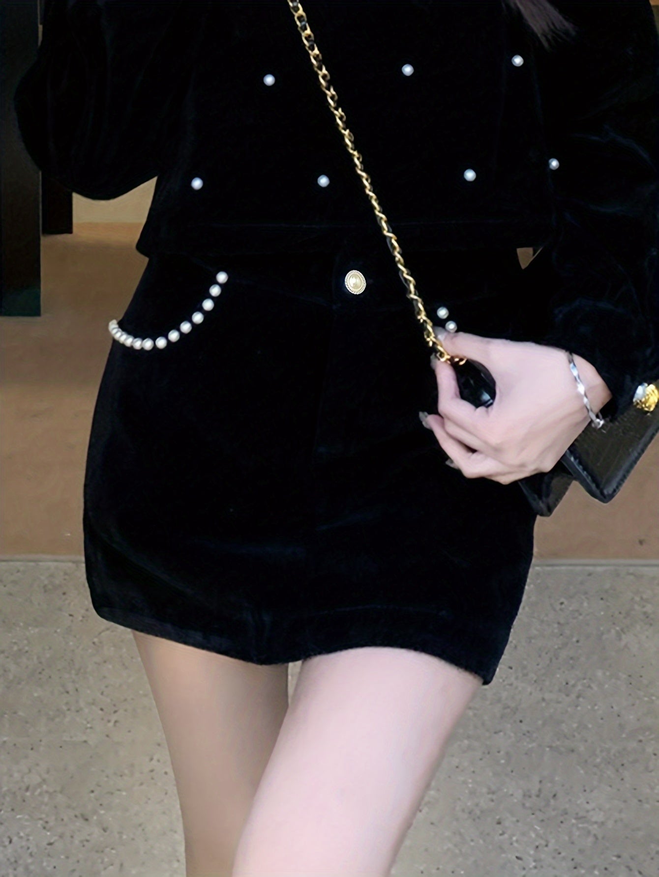 Sixsr Beaded Velvet Solid Skirt, Elegant Skirt For Spring & Fall, Women's Clothing