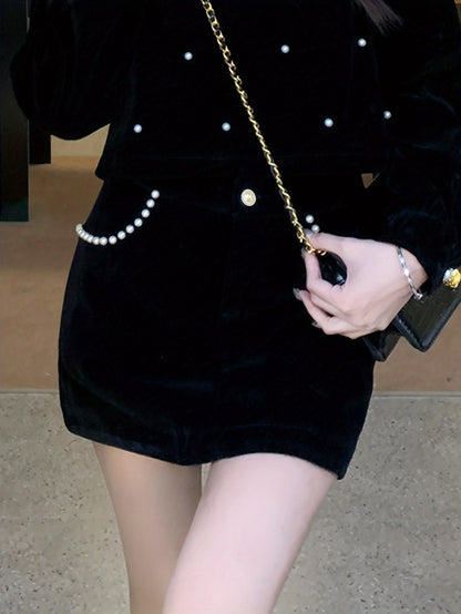 Sixsr Beaded Velvet Solid Skirt, Elegant Skirt For Spring & Fall, Women's Clothing